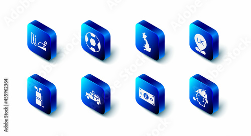 Set Football ball, England map, Location, Sherlock Holmes, Pound sterling money, Taxi car, Golf bag with clubs and Robin hood hat icon. Vector