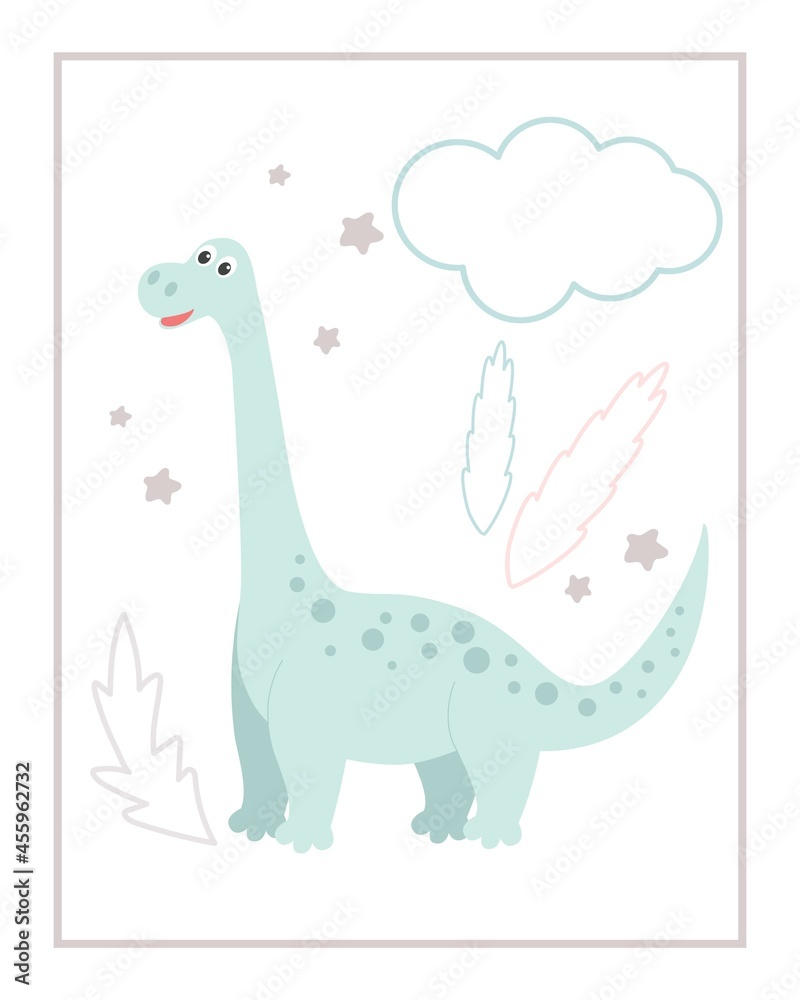 Baby card with cute dinosaur, cloud and leaves, vector illustration. Template for printing postcards, paintings or images. Delicate pastel childrens background.