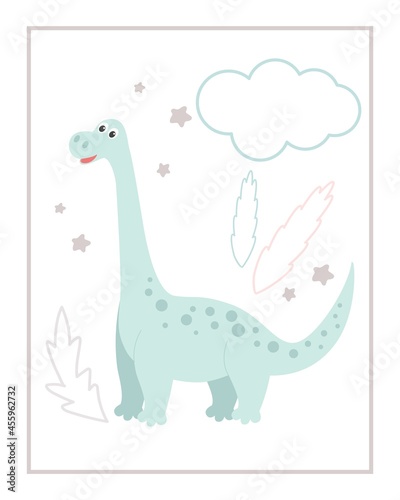 Baby card with cute dinosaur  cloud and leaves  vector illustration. Template for printing postcards  paintings or images. Delicate pastel childrens background.