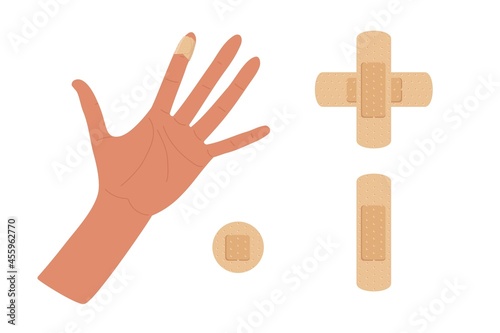 Physical injury. First aid for cuts. Dressing patch set. Hand with injured bandaged index finger. Adhesive dressing for small wounds. First Aid Instruction for Cut. Minor injury. Accident, wound