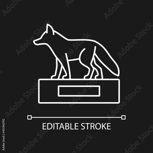Taxidermy white linear icon for dark theme. Stuffing wild dead animals. Animal body display. Thin line customizable illustration. Isolated vector contour symbol for night mode. Editable stroke