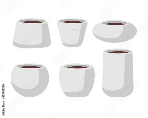 Flower pots set isolated on white background. White ceramic empty pots of different shapes. Gardening round containers, planters. Gardening equipment. Flat vector illustration.