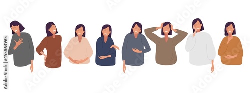 Different types of pain. Collection of unhappy people suffering chest pain, back pain, abdominal, head, teeth. Caucasian Women with pains of different localization. Flat vector medical illustration