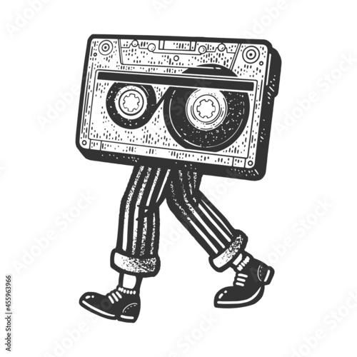 Audio Compact Cassette tape walks on legs sketch engraving vector illustration. T-shirt apparel print design. Scratch board imitation. Black and white hand drawn image.