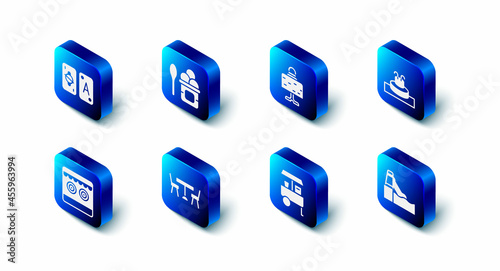 Set Ice cream in bowl, Magic ball on table, Fountain, Water slide, Fast street food cart, Picnic with chairs, Shooting gallery and Tarot cards icon. Vector