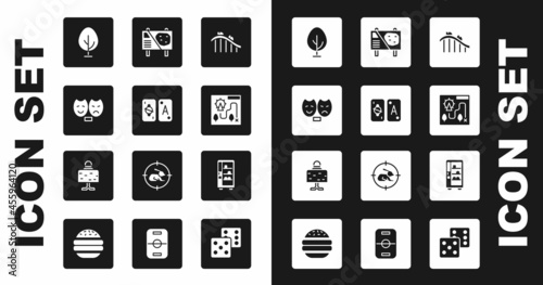 Set Roller coaster, Tarot cards, Comedy and tragedy masks, Tree, Amusement park map, billboard, Vending machine and Magic ball on table icon. Vector