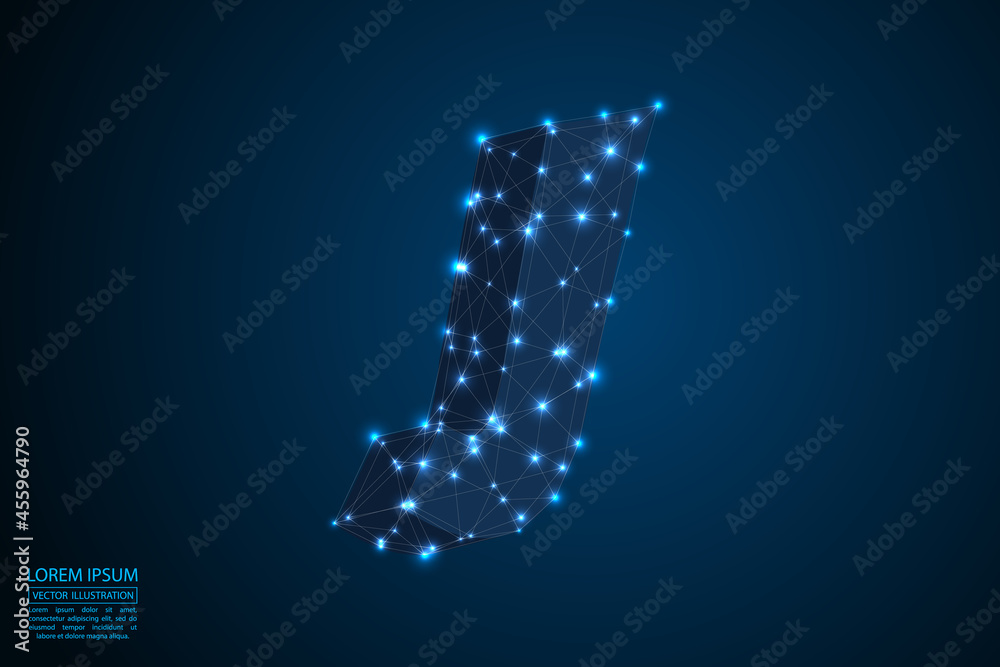 Obraz premium Abstract letters font is made up of triangles, lines, dots and connections. On a dark blue background, stars of the cosmic universe, meteorites, galaxies. Vector illustration eps 10.