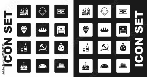 Set Russian ruble banknote, Bread loaf, Location, Saint Basil's Cathedral, Ushanka, bagels, Moon with flag and Bottle of vodka glass icon. Vector