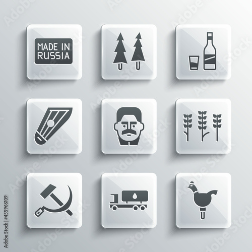 Set Tanker truck, Cockerel lollipop, Wheat, Joseph Stalin, Hammer and sickle USSR, Kankles, Made Russia and Bottle of vodka with glass icon. Vector