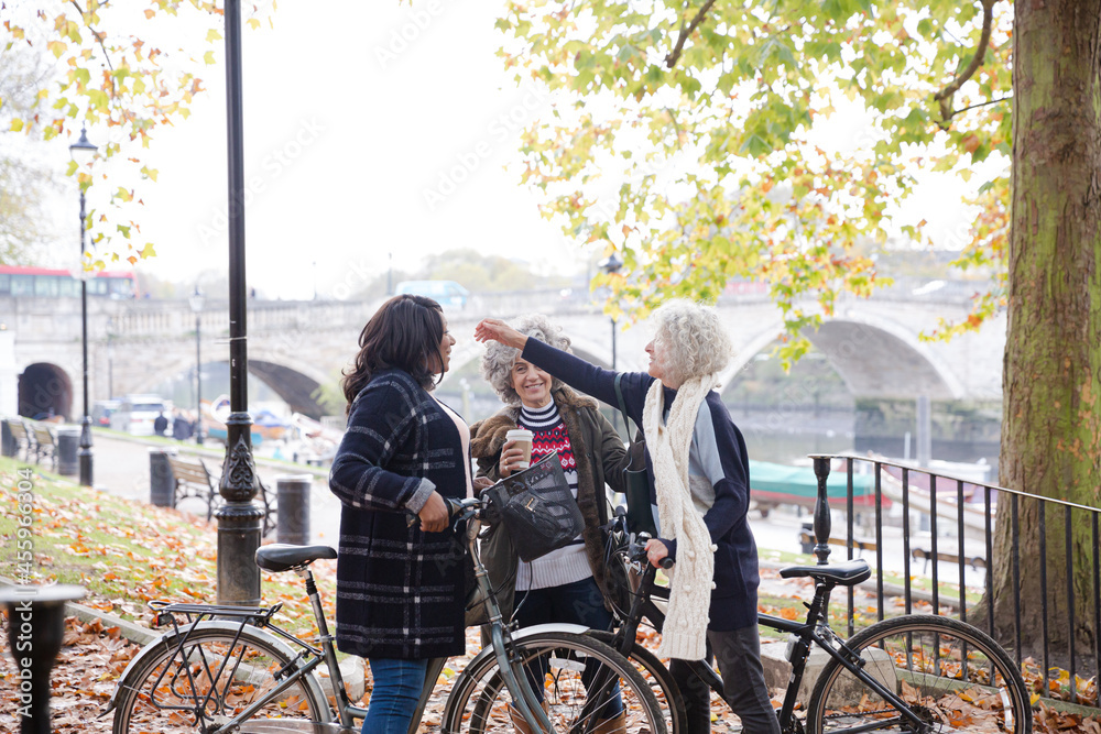 Obraz premium Enthusiastic senior women friends hugging in autumn park