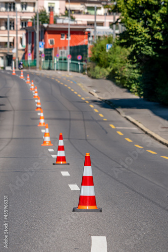 Traffic cones on the road. Empty street.
