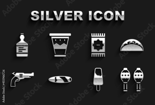 Set Cigar, Taco with tortilla, Maracas, Popsicle ice cream, Revolver gun, Mexican carpet, Tequila bottle and drum icon. Vector