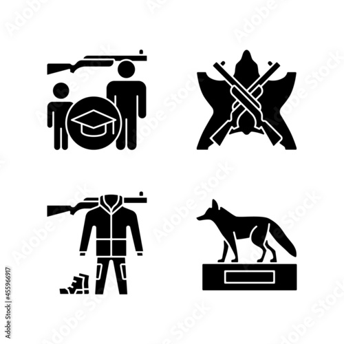 Hunting trophy and equipment black glyph icons set on white space. Hunting junior education. Taxidermy. Hunt trophy. Apparel and equipment. Silhouette symbols. Vector isolated illustration