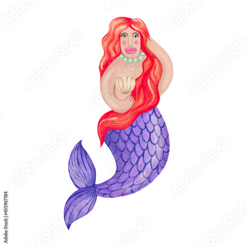 Beautiful mermaid with red hair on a white background. Hand-drawn watercolor illustration