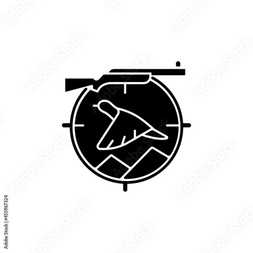 Upland hunting black glyph icon. Wingshooting. Terrestrial birds. Hunting with dogs. Pursue pheasant and grouse. Landfowl capturing. Silhouette symbol on white space. Vector isolated illustration photo