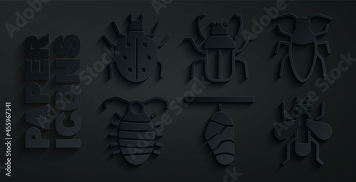 Set Butterfly cocoon, Cockroach, Larva insect, Insect, Stink bug and Mite icon. Vector