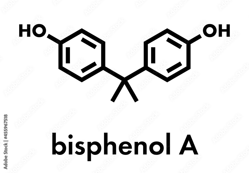 Bisphenol A (BPA) plastic pollutant molecule. Chemical often present in polycarbonate plastics, has estrogen disrupting effects. Skeletal formula. Bisphenol A (BPA) plastic pollutant molecule. Chemical often present in polycarbonate plastics, has estrogen disrupting effects. Skeletal formula.