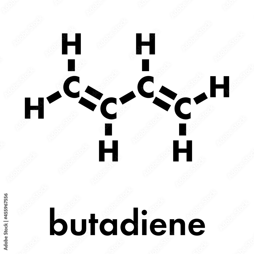 Butadiene (1,3-butadiene) synthetic rubber building block molecule. Used in synthesis of polybutadiene, ABS and other polymeric materials. Skeletal formula. Butadiene (1,3-butadiene) synthetic rubber building block molecule. Used in synthesis of polybutadiene, ABS and other polymeric materials. Skeletal formula.