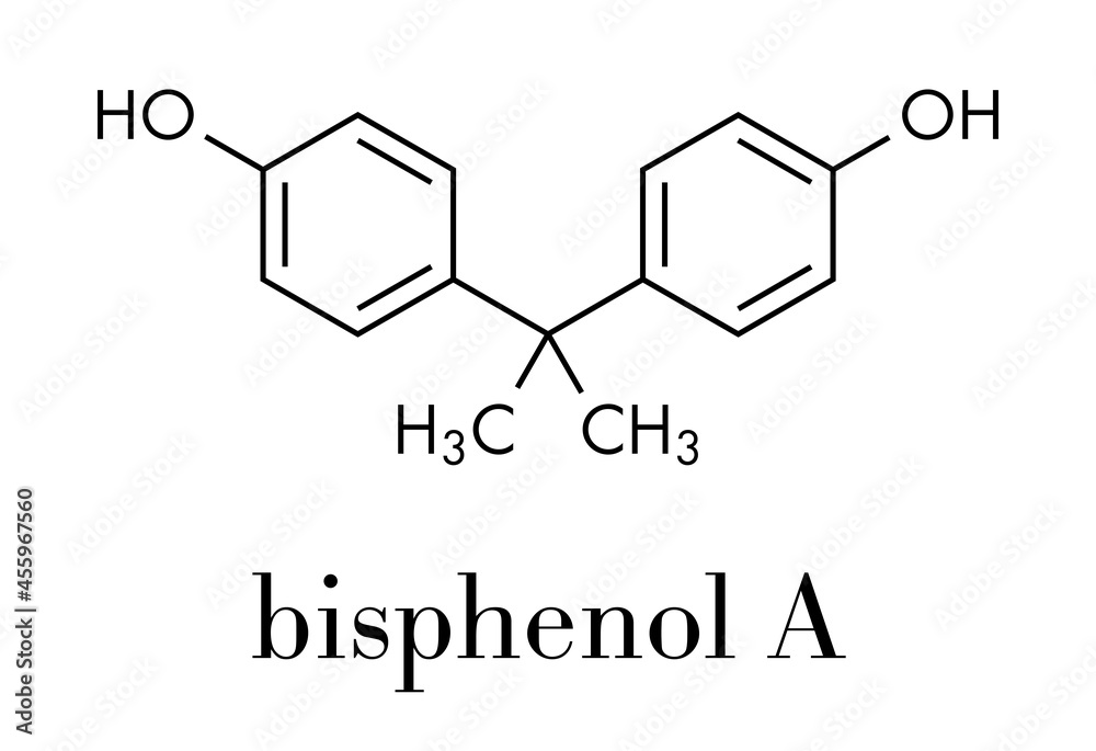 Bisphenol A (BPA) plastic pollutant molecule. Chemical often present in polycarbonate plastics, has estrogen disrupting effects. Skeletal formula. Bisphenol A (BPA) plastic pollutant molecule. Chemical often present in polycarbonate plastics, has estrogen disrupting effects. Skeletal formula.