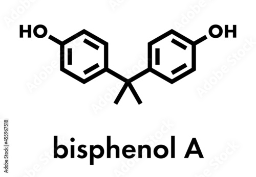 Bisphenol A (BPA) plastic pollutant molecule. Chemical often present in polycarbonate plastics, has estrogen disrupting effects. Skeletal formula. photo