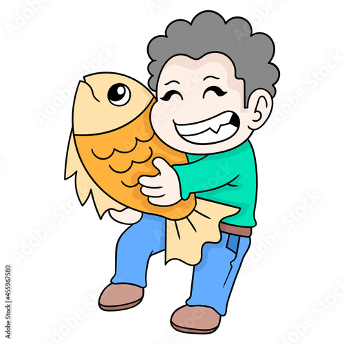 boy is happy to get a big fish from fishing, doodle icon image kawaii