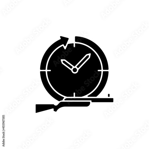 Hunting year-round black glyph icon. Pursue and capture prey. Wildlife animals killing. Hunt equipment and license. Hunting season. Silhouette symbol on white space. Vector isolated illustration
