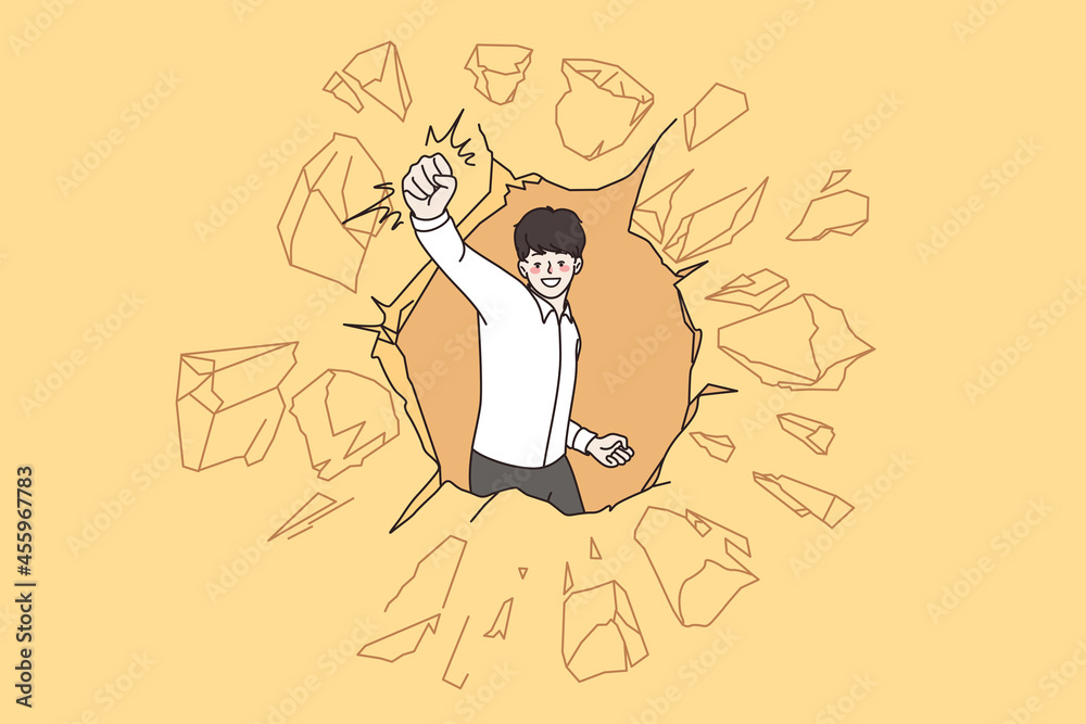 Obraz premium Leadership, success, innovation development concept. Young positive businessman breaking through concrete wall achieving goal vector illustration