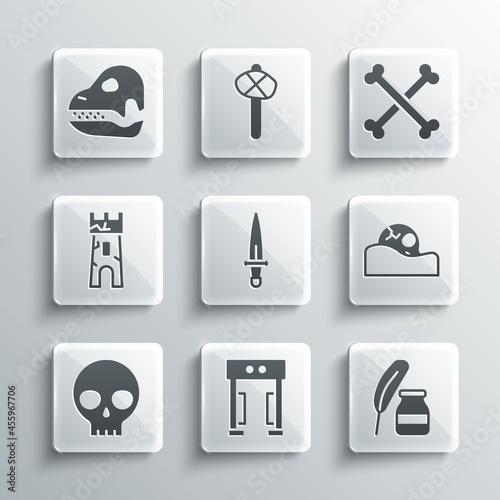 Set Metal detector  Feather and inkwell  Human skull  Dagger  Castle tower  Dinosaur and Crossed human bones icon. Vector