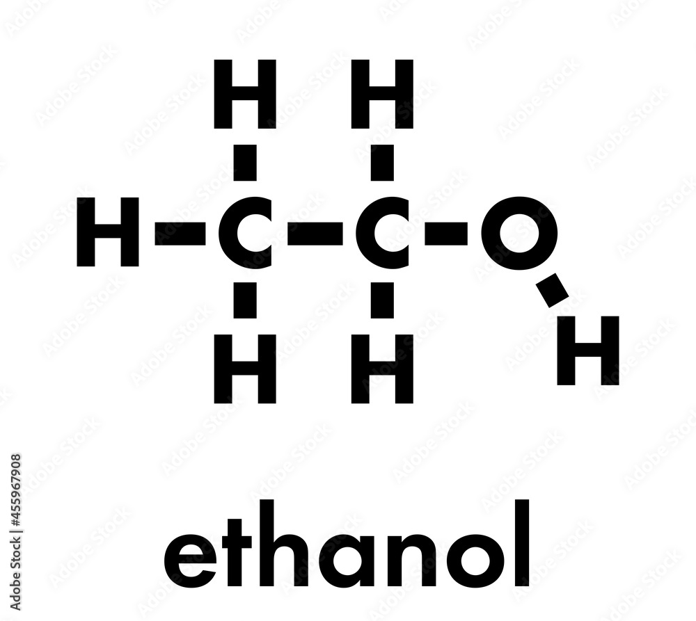 Alcohol (ethanol, ethyl alcohol) molecule, chemical structure. Skeletal