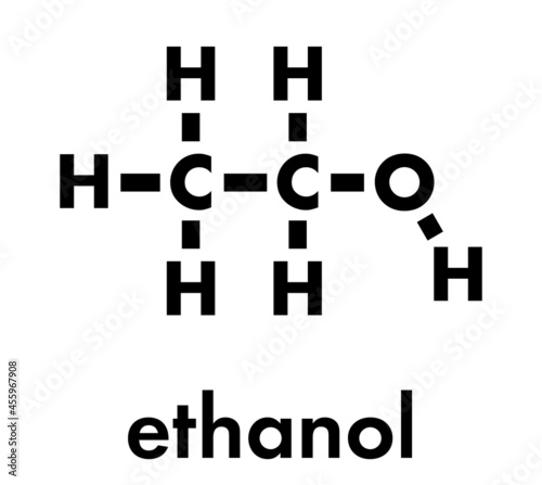 Alcohol (ethanol, ethyl alcohol) molecule, chemical structure. Skeletal formula.