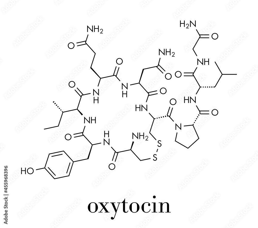 Oxytocin hormone molecule. Skeletal formula. Oxytocin hormone molecule. Skeletal formula.