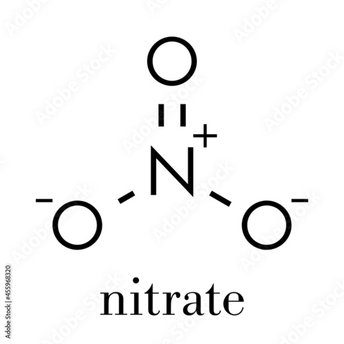 Nitrate anion, chemical structure. Skeletal formula.