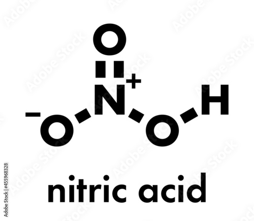 Nitric acid (HNO3) strong mineral acid molecule. Used in production of fertilizer and explosives. Skeletal formula.