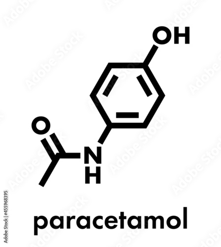Paracetamol (acetaminophen) analgesic drug molecule. Used to reduce fever and relieve pain. Skeletal formula.