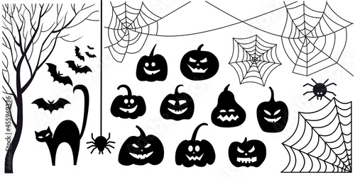 Set of Halloween silhouettes on a white background. The collection includes pumpkins, jack lantern, spiders and cobwebs, cat, bats, tree without leaves. Vector image in black color, isolated.