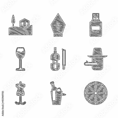 Set Violin, Bottle of wine bucket, Pizza, Pinocchio, Mannequin, Wine glass, Perfume and Village landscape icon. Vector