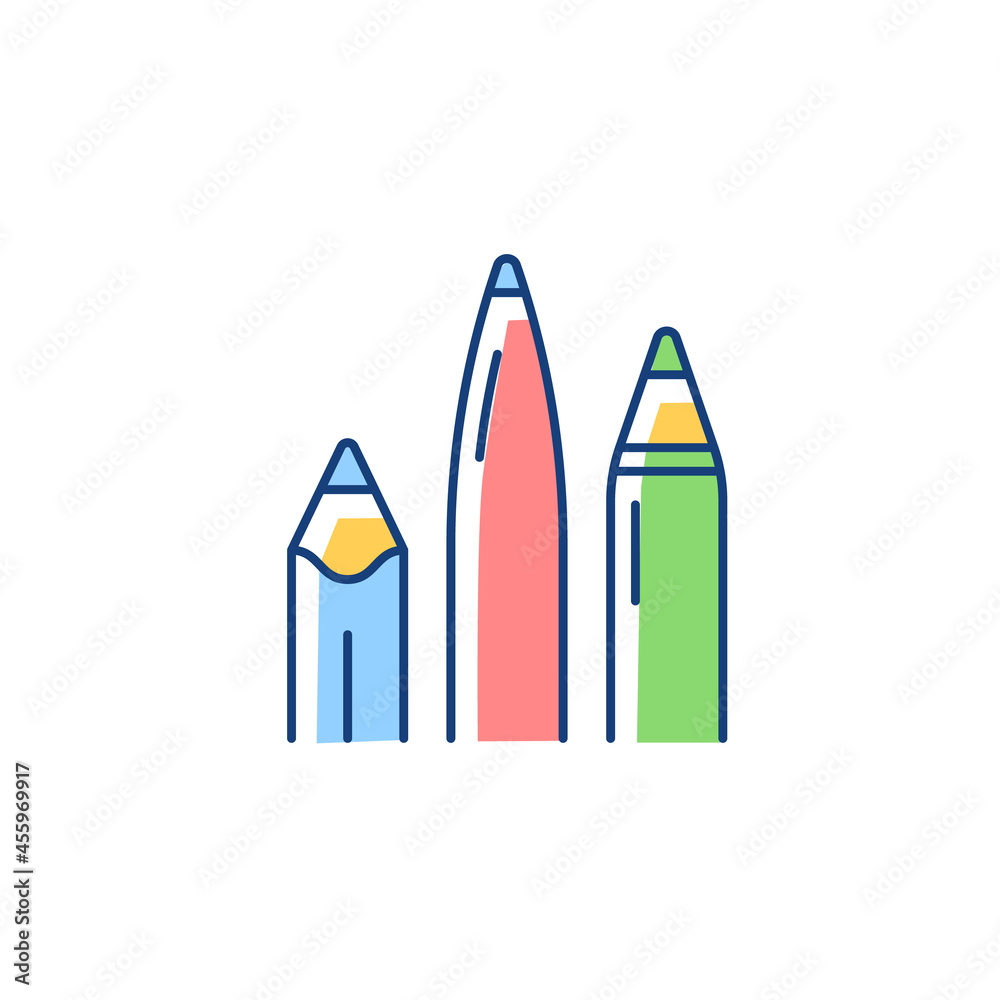 Pens and pencils RGB color icon. School supplies. Writing instrument. Object with ink. Use for drawing and sketching. Handwriting activities. Isolated vector illustration. Simple filled line drawing