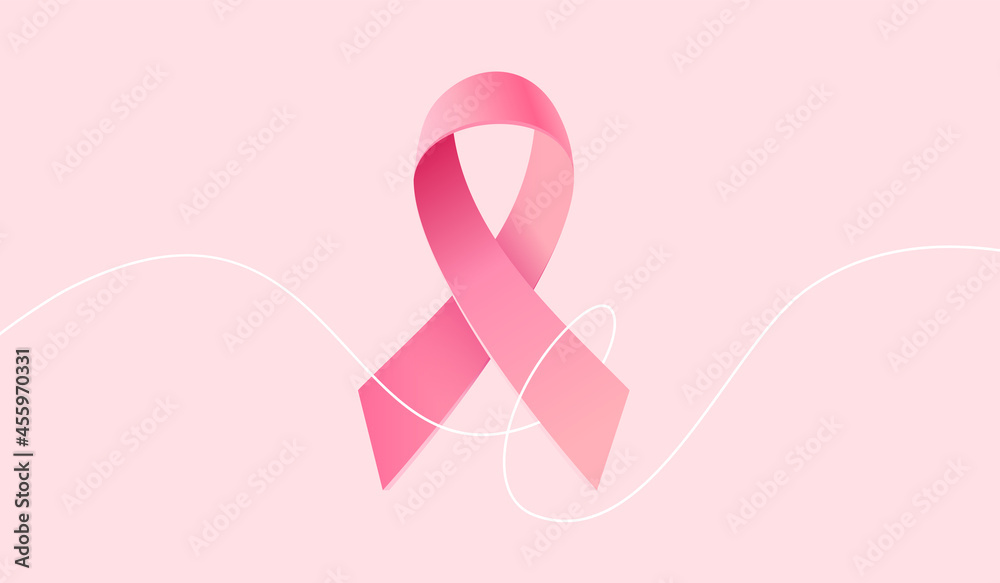 Vector Illustration of Pink Breast Cancer Realistic Ribbon with Loop and White Line on Pink Color Background. Symbol of Breast Cancer Awareness - obrazy, fototapety, plakaty 