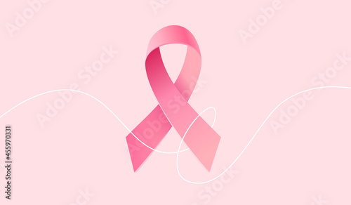 Vector Illustration of Pink Breast Cancer Realistic Ribbon with Loop and White Line on Pink Color Background. Symbol of Breast Cancer Awareness