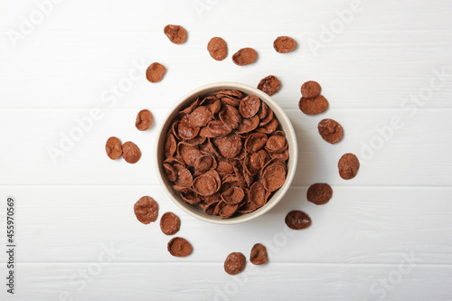 chocolate cornflakes for breakfast on the table close-up