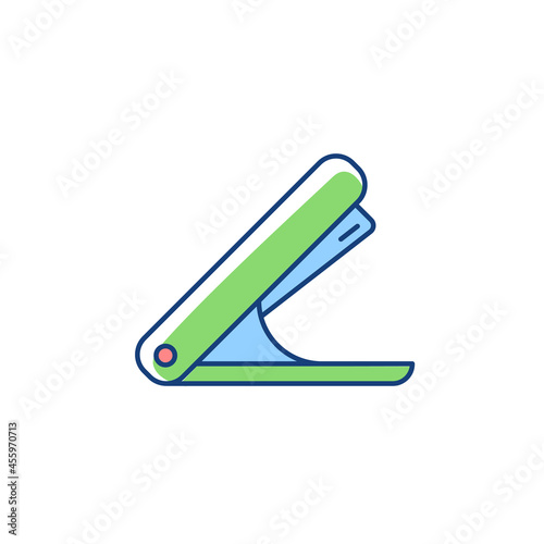 Stapler RGB color icon. Mechanical tool for joining document pages together. School accessory. Office stapling device. Fastening paper sheets. Isolated vector illustration. Simple filled line drawing