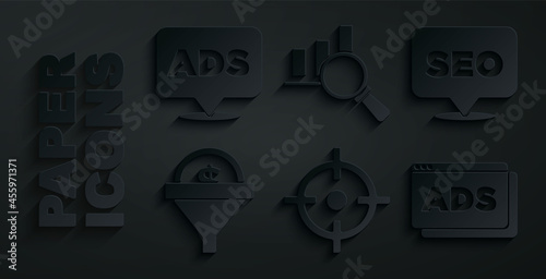 Set Target sport, SEO optimization, Lead management, Advertising, Magnifying glass and analysis and icon. Vector
