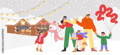 Flat vector illustration with a happy people in front of the Christmas market. Concept of Christmas and New Year celebrations web banner, greeting card or flyer.