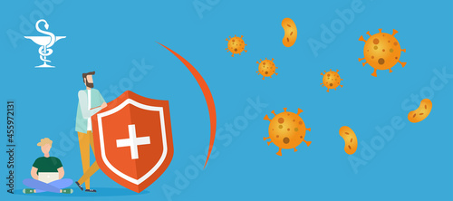 Immune system vector icon logo. Protection against bacteria health viruses. Medical prevention of human germs. A healthy mans and womans stand behind a shield and repel an attack of bacteria