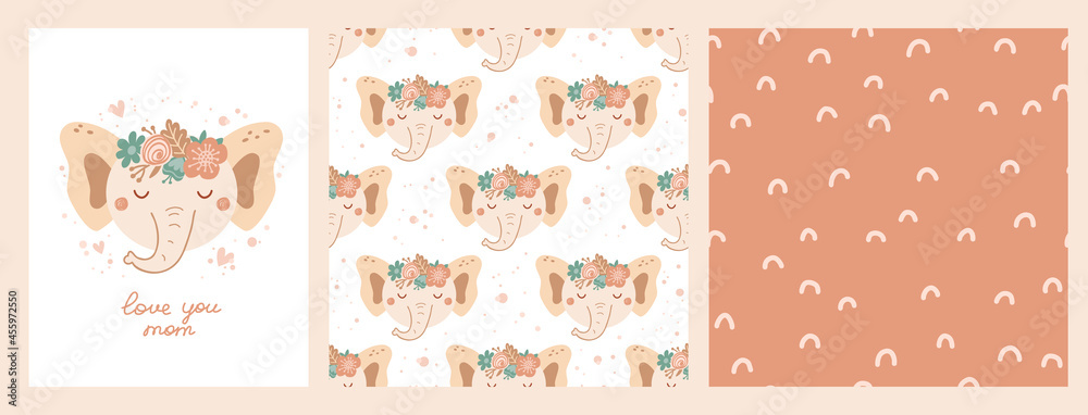 Set cute poster and seamless pattern with elephant face and poster with lettering Love your mom. Collection with animal flowers of flat style for children's clothing, textiles. Vector Illustration