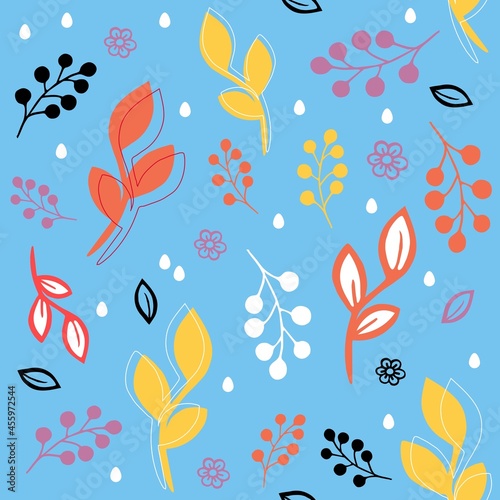 Vector seamless floral pattern. For textile or print. Blue background. Blue  red  yellow black  and white elements.