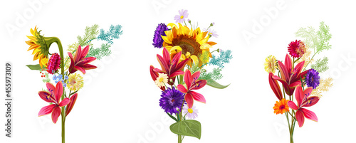 Bright autumn flowers, set of bouquets: lily, sunflower, aster, thistle, gerbera, daisy, small green twigs on white background. Digital draw, illustration in watercolor style for fall holidays, vector