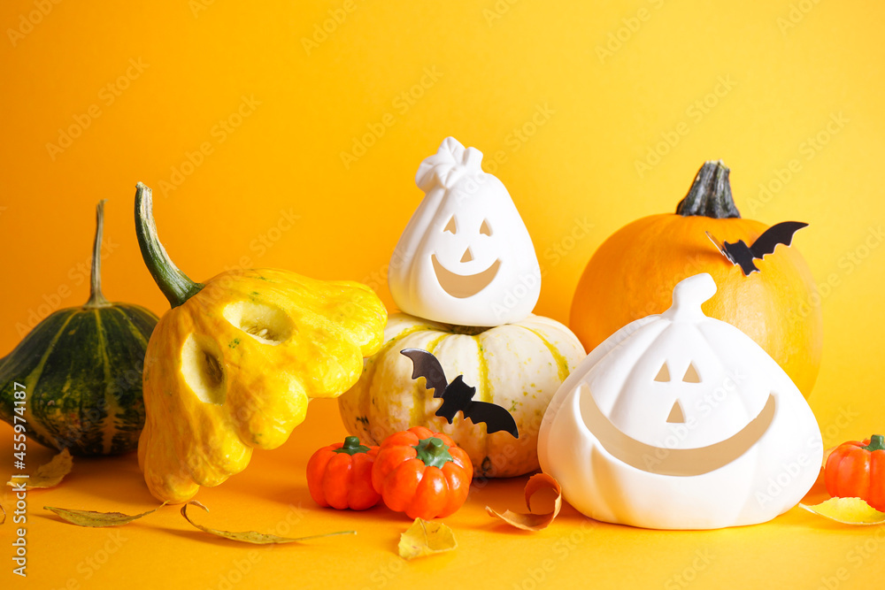 Halloween decorations on a yellow background. Halloween concept.