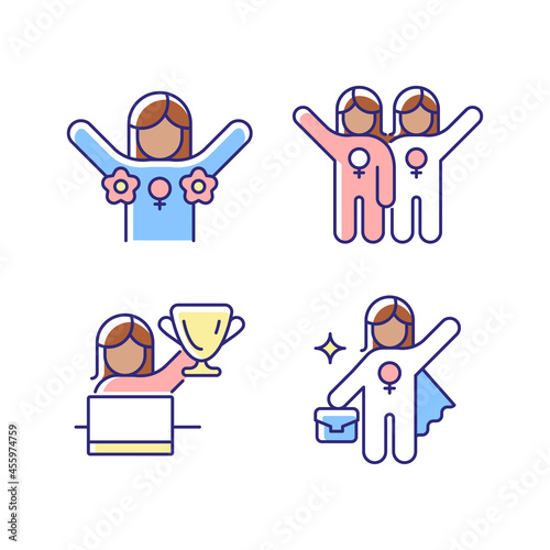 Women rights movement RGB color icons set. Radical feminism. Female friendship. Leadership role. Gender diversity at work. Isolated vector illustrations. Simple filled line drawings collection