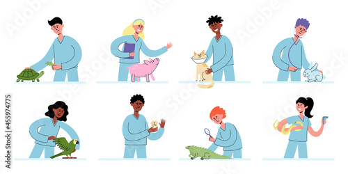 Vector flat set of veterinarians with pets at vet appointment.